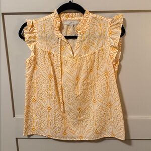 LOFT Yellow and White Patterned Ruffle Blouse